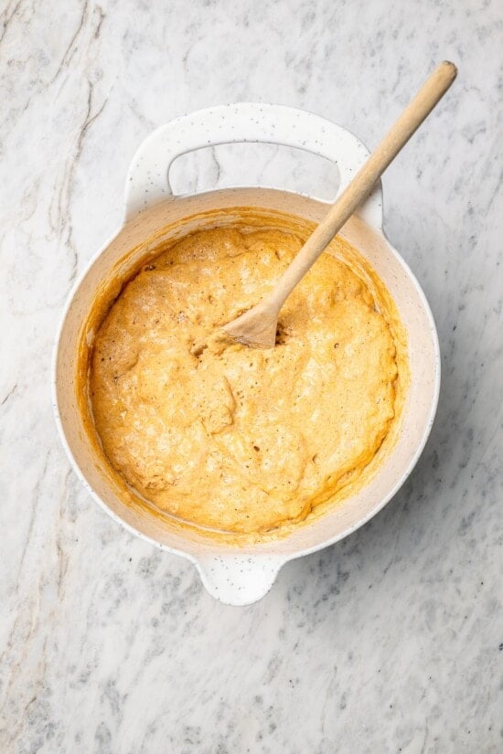 Overhead view of batter for pumpkin pancakes