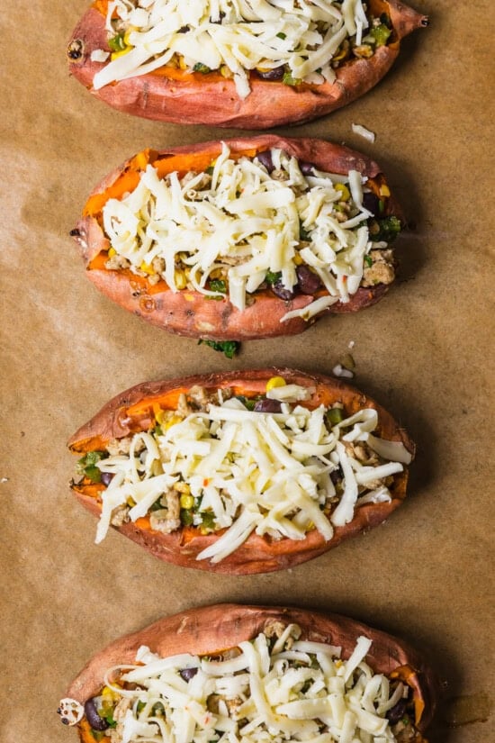 Stuffed Sweet Potatoes with turkey and cheese