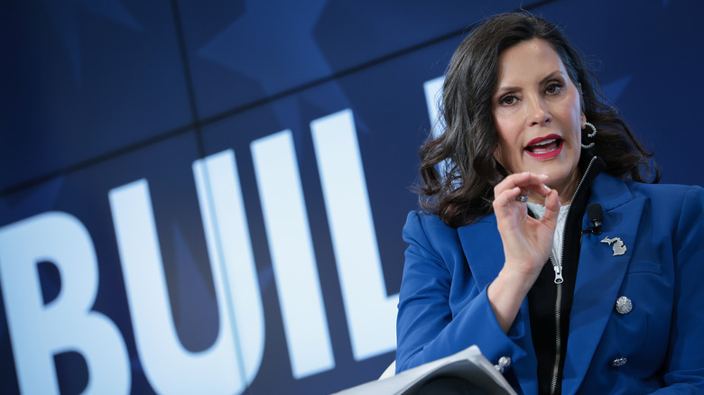 Michigan Gov. Gretchen Whitmer (D-MI) answers questions after speaking on the theme 