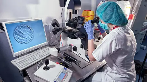 Getty Images Embryologist  looking through a microscope and adding sperm to egg in laboratory of reproductive clinic