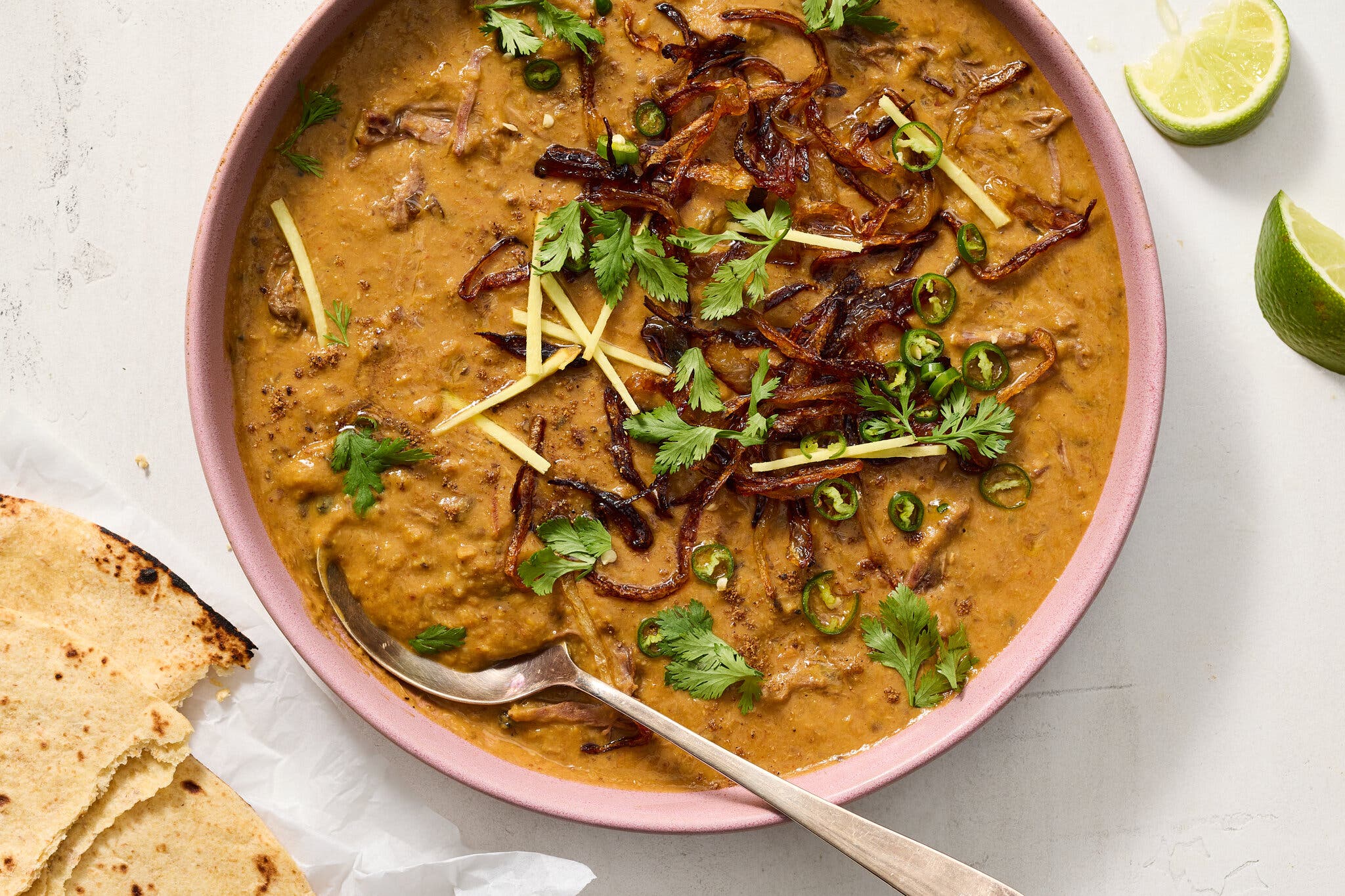 Thick, creamy brown stew in a pink bowl is garnished with crispy fried onions, green chile slices, cilantro and ginger matchsticks, served with flatbread.