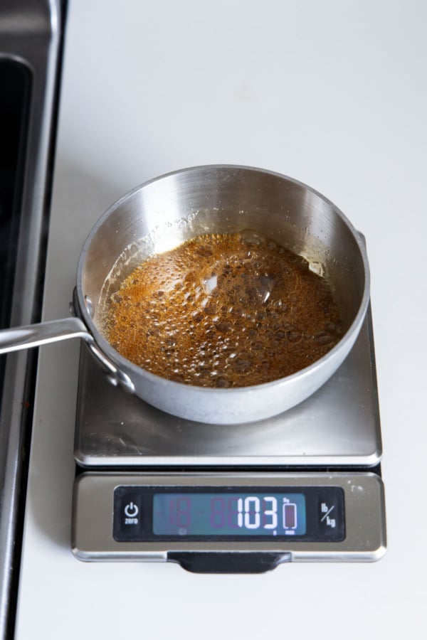 After reducing, the maple syrup should be 20g less than when it started.