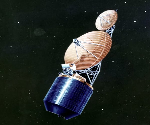 A vintage illustration of a satellite on a starry background