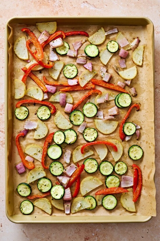roasted vegetables on a sheet pan